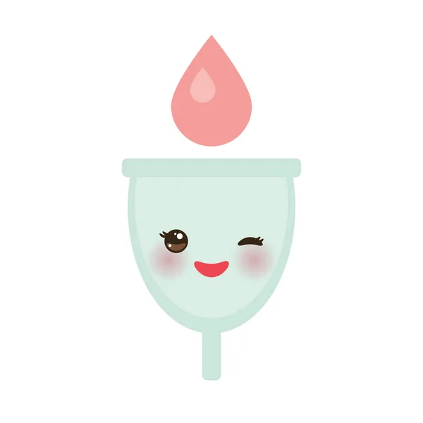 Coupe menstruelle Kawaii est un produit d'hygiène féminine en silicone souple de qualité médicale et en forme de cloche, joues et yeux roses, couleurs pastel sur fond blanc. Vecteur — Image vectorielle