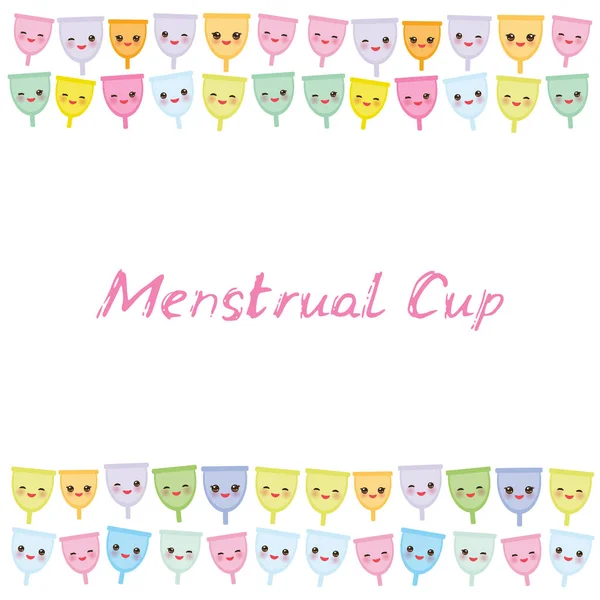 Kawaii copo menstrual é um produto de higiene feminina feito de silicone de grau médico flexível e em forma de sino, bochechas rosa e olhos piscando, cores pastel no fundo branco. Vetor —  Vetores de Stock