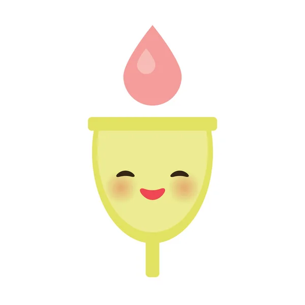 Kawaii menstruele Cup is een vrouwelijke hygiëne product gemaakt van flexibele medische kwaliteit siliconen en gevormd als een Bell, roze wangen en ogen, pastel kleuren op witte achtergrond. Vector — Stockvector