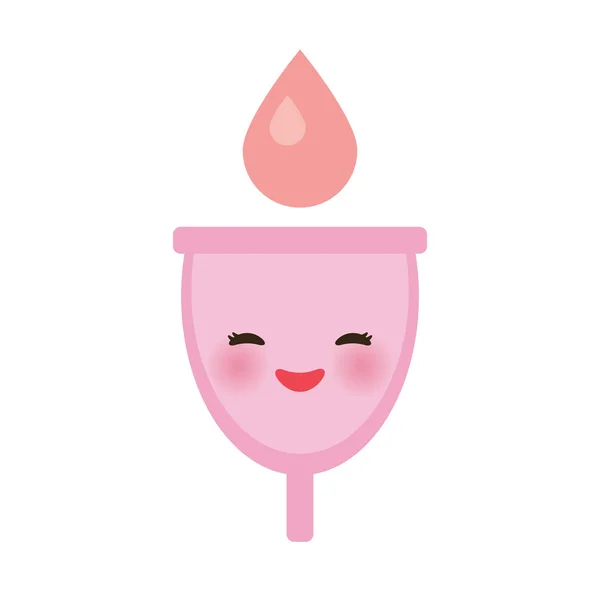 La coppetta mestruale Kawaii è un prodotto per l'igiene femminile realizzato in silicone flessibile di grado medico e a forma di campana, guance rosa e occhi, colori pastello su sfondo bianco. Vettore — Vettoriale Stock