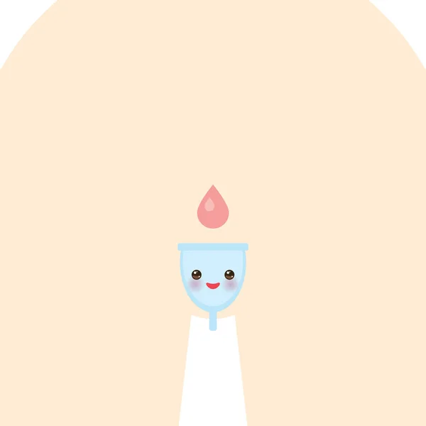 Kawaii menstruele Cup is een vrouwelijke hygiëne product gemaakt van flexibele medische kwaliteit siliconen en gevormd als een Bell, roze wangen en winking ogen, pastel kleuren achtergrond. Vector — Stockvector