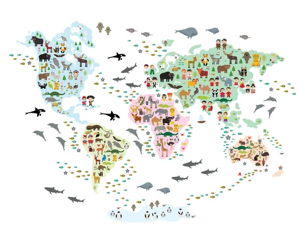 Cartoon animal world map for children and kids, back to schhool. Animales de todo el mundo islas continentes blancas aisladas sobre fondo blanco de océano y mar. Decoración escandinava. Vector — Archivo Imágenes Vectoriales