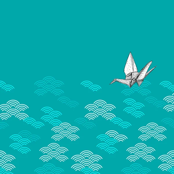 Origami guindastes papel branco esboço céu nuvens padrão. Geen preto branco em azul teal Natureza oriental fundo com círculo de onda japonês. Pode ser usado para o projeto do cartão de saudação, para o seu texto. Vetor — Vetor de Stock
