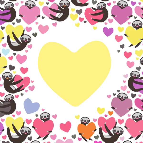 Drie-toed luiaard Holding rood roze, geel, lila, oranje, blauw hart, geïsoleerd op witte achtergrond. Aftelkalender voor Valentijnsdag kaart banner sjabloon. Grappige kawaii dier, kopieer ruimte. Vector — Stockvector
