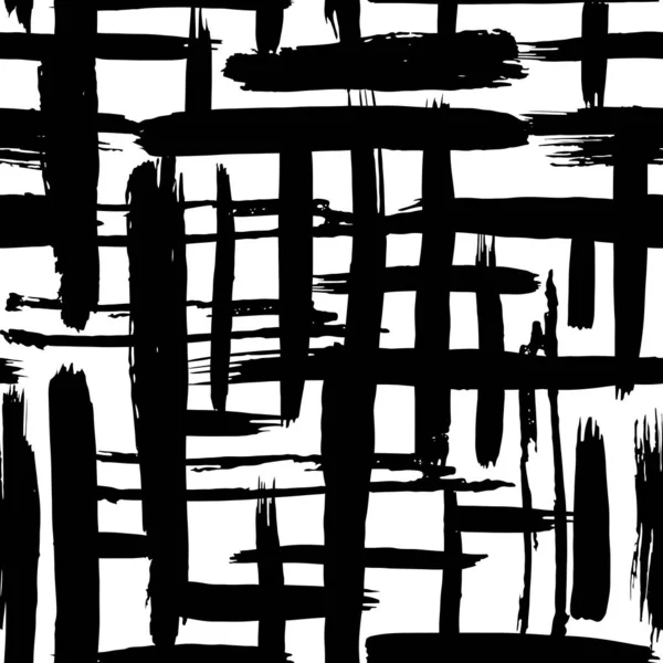 Escandinavo Textura grunge abstracta Patrón sin costuras pinceladas geométricas fondo rejilla de impresión, negro sobre fondo blanco. simple ornamento estilo retro. Se puede utilizar para telas, fondos de pantalla. Vector — Vector de stock
