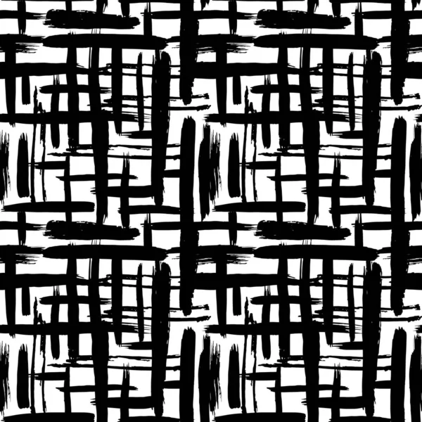 Skandináv absztrakt grunge textúra varrat nélküli minta festés ecsetvonások geometriai háttér rács nyomtatás, fekete, fehér háttér. egyszerű dísz retro stílusú. Szövetek, tapéták használható. Vektor — Stock Vector