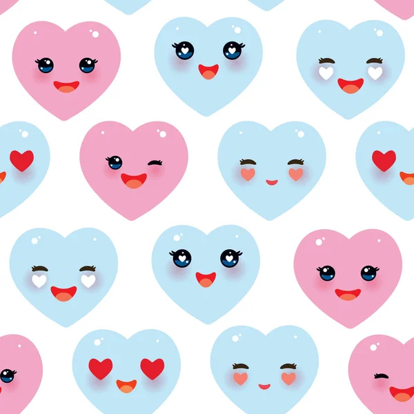 Seamless pattern Funny Kawaii heart pink, blue isolated on white background. Valentine's Day Card banner template. Can be used for Gift wrap, fabrics, wallpapers. Vector — Stock Vector