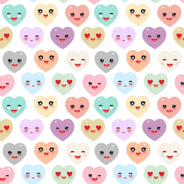 Seamless pattern Funny Kawaii heart pink, yellow, lilac, orange, blue green, isolated on white background. Valentine's Day Card banner template. Can be used for Gift wrap, fabrics, wallpapers. Vector — Stock Vector