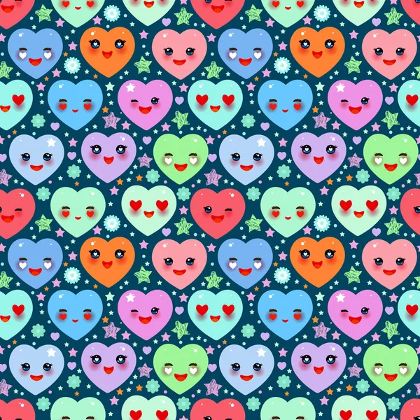 Seamless pattern Funny Kawaii heart pink, yellow, lilac, orange, blue green, on navy background. Valentine's Day Card banner template. Vector — Stock Vector