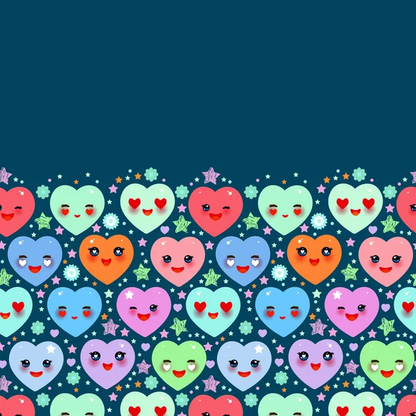 Diseño de la tarjeta con Funny Kawaii corazón rosa, amarillo, lila, naranja, verde azul, sobre fondo azul cobalto. Plantilla de banner de tarjeta de San Valentín. Vector — Archivo Imágenes Vectoriales