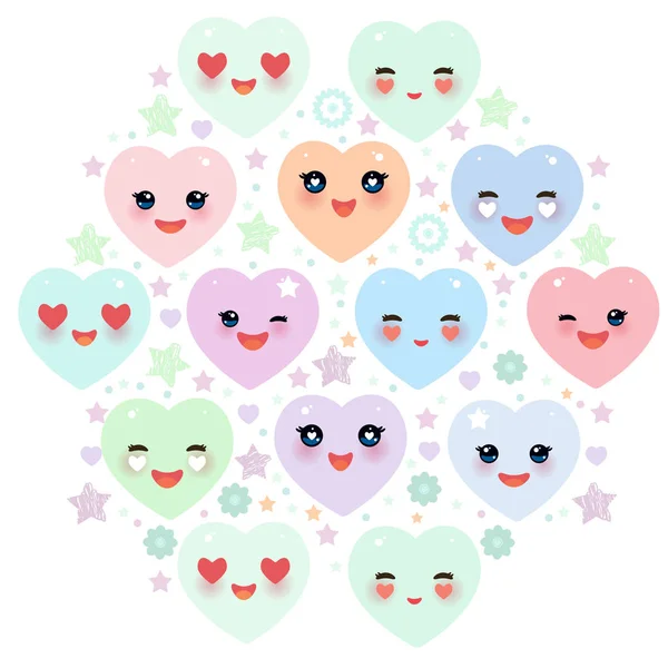 Kaart ontwerp met grappige kawaii hart roze, geel, lila, oranje, blauw groen, geïsoleerd op witte achtergrond. Aftelkalender voor Valentijnsdag kaart banner sjabloon. Vector — Stockvector