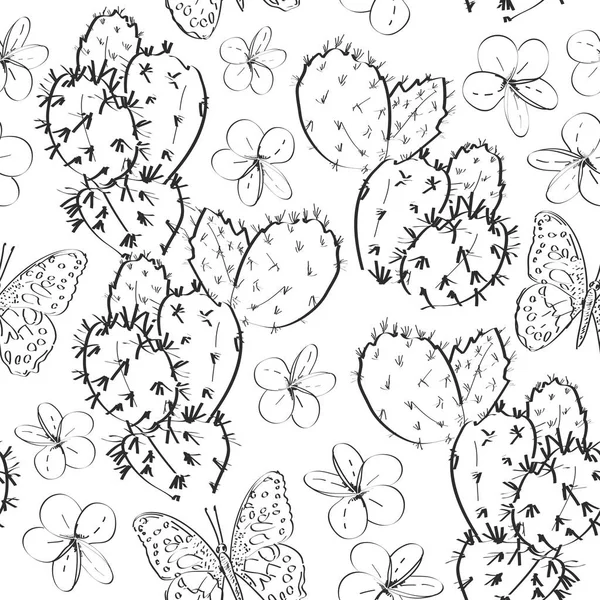 Naadloze patroon cactus met bloemen vlinders schets, zwarte contour geïsoleerd op witte achtergrond. eenvoudige sieraad, kan worden gebruikt voor gift wrap, stoffen, wallpapers. Vector — Stockvector