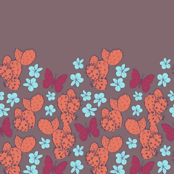 Kaktus mit Blüten Schmetterlinge skizzieren, Kontur blaue Koralle orange dunkelrot kastanienbraun auf braunem Hintergrund. einfaches Ornament, kann für die Gestaltung von Bannervorlagen für Grußkarten verwendet werden. Vektor — Stockvektor
