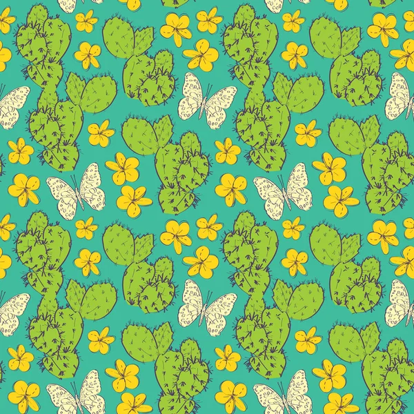 Cacto padrão sem costura com flores borboletas esboço, verde laranja contorno amarelo branco no fundo azul do aqua. ornamento simples, pode ser usado para envoltório de presente, tecidos, papéis de parede. Vetor — Vetor de Stock