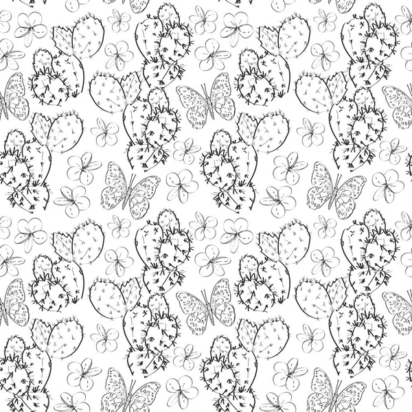 Cactus patrón sin costuras con flores mariposas boceto, contorno negro aislado sobre fondo blanco. ornamento simple de verano, se puede utilizar para envoltura de regalo, telas, fondos de pantalla. Vector — Vector de stock