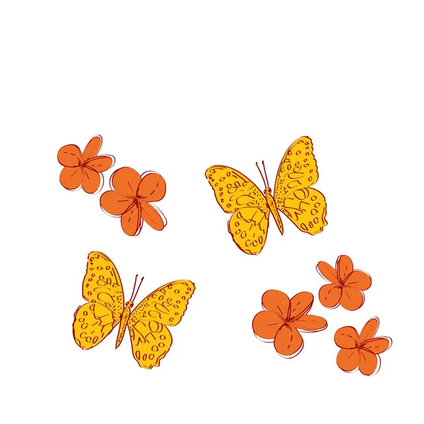 Plumeria fleurs papillons croquis, orange moutarde jaune croquis, contour brun isolé sur fond blanc. art simple, peut être utilisé pour le modèle de bannière de carte, espace de copie. Vecteur — Image vectorielle