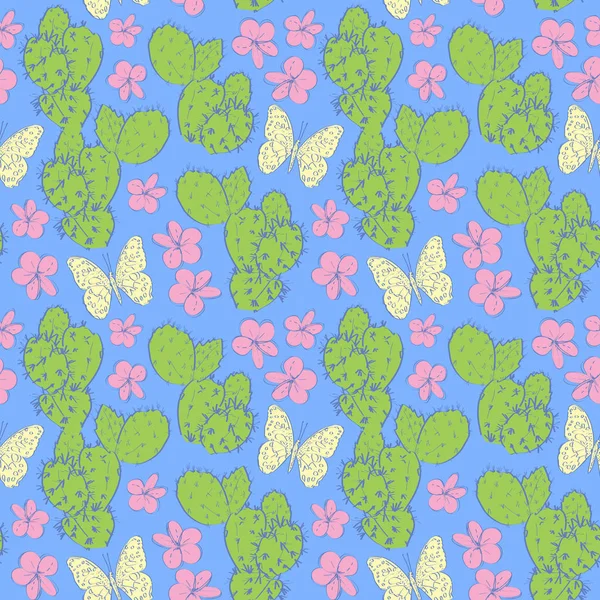 Seamless pattern cactus with flowers butterflies sketch, navy blue contour green pink white on aqua background. simple ornament, Can be used for Gift wrap, fabrics, wallpapers. Vector — Stock Vector