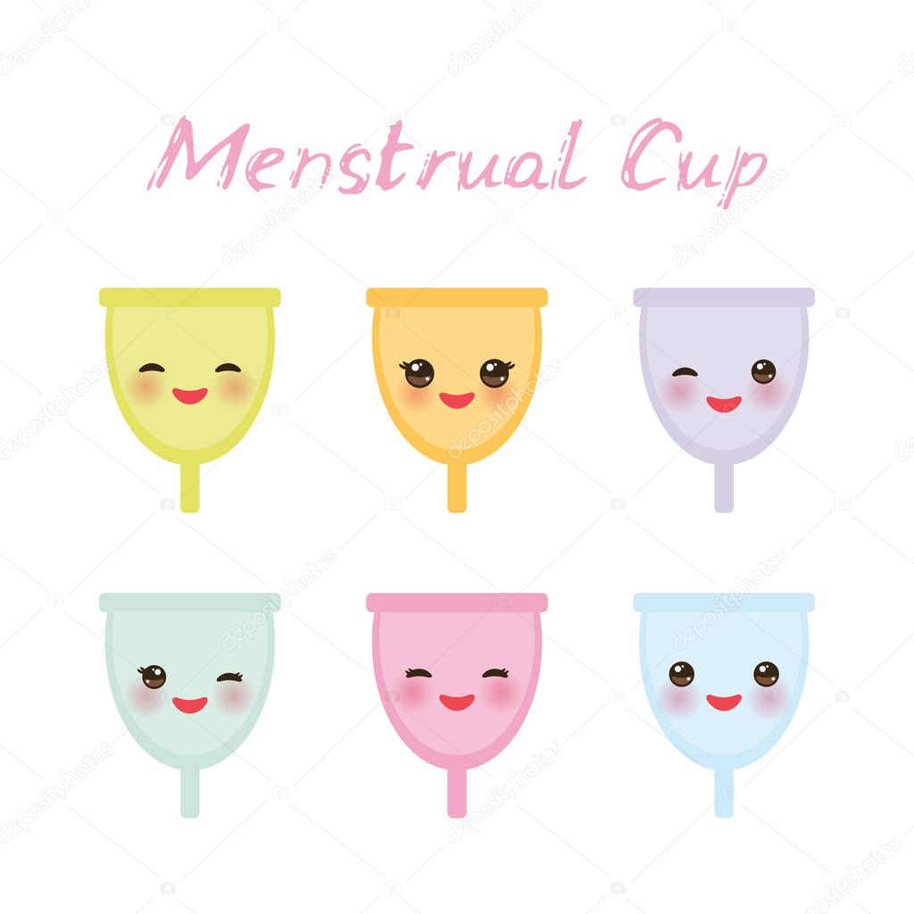Kawaii menstrual cup is a feminine hygiene product made of flexible medical grade silicone and shaped like a bell, pink cheeks and winking eyes, pastel colors on white background. Vector