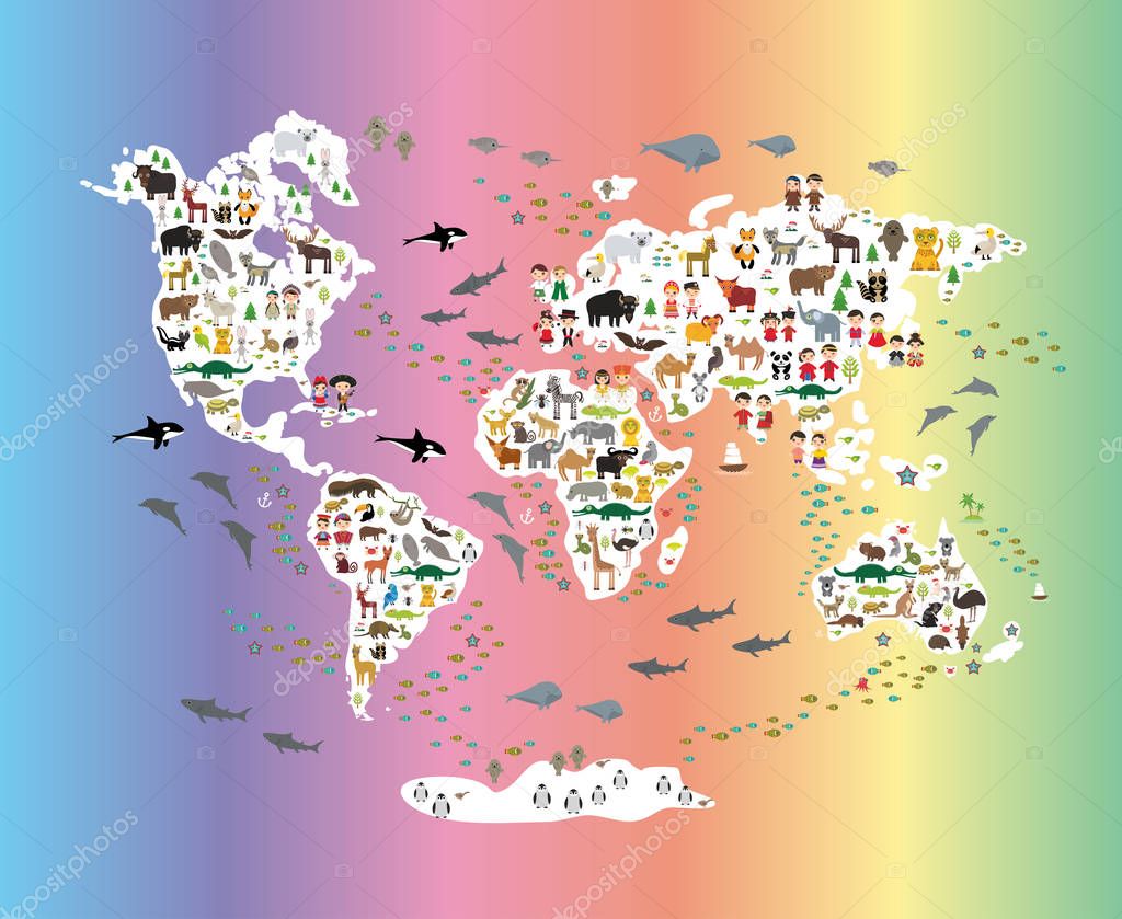 Cartoon animal world map for children and kids, back to schhool. Animals from all over the world white continents islands on rainbow background of ocean and sea. Scandinavian decor. Vector