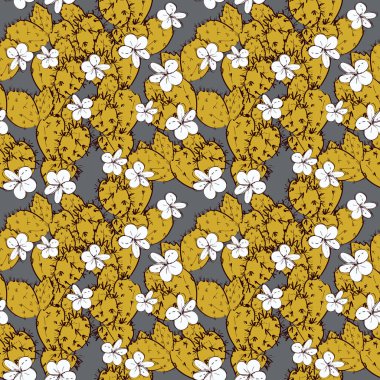 Çiçek kroki ile Dikişsiz desen kaktüs, altın hardal sarısı, gri arka plan üzerinde siyah kontur. basit süs, Hediye şal, kumaşlar, duvar kağıtları için kullanılabilir. Vektör