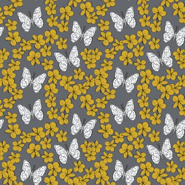 Dikişsiz desen plumeria çiçekler kelebekler kroki, beyaz altın hardal sarısı, gri arka plan üzerinde siyah kontur. basit süs, Hediye şal, kumaşlar, duvar kağıtları için kullanılabilir. Vektör