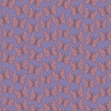 Kelebek kroki, leylak pembe mor arka plan ile dikişsiz desen. basit sanat. Hediye şal, kumaşlar, duvar kağıtları için kullanılabilir. Vektör