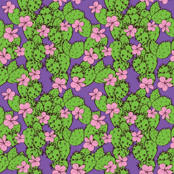 Seamless pattern cactus with flowers sketch green lilac pink, black contour on purple background. simple ornament, Can be used for Gift wrap, fabrics, wallpapers. Vector — Stock Vector