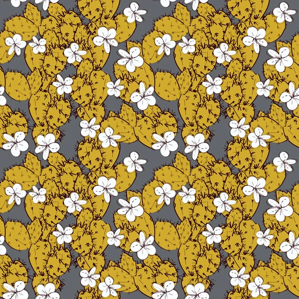 Seamless pattern cactus with flowers sketch, gold mustard yellow, black contour on grey background. simple ornament, Can be used for Gift wrap, fabrics, wallpapers. Vector — Stock Vector