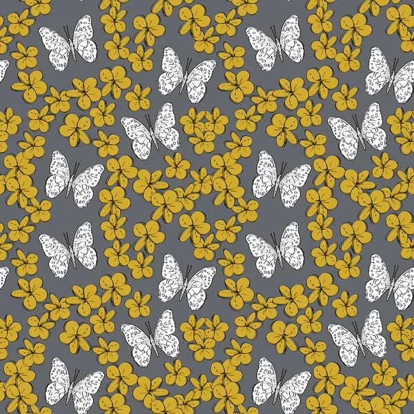 Seamless pattern plumeria flowers butterflies sketch, white gold mustard yellow, black contour on grey background. simple ornament, Can be used for Gift wrap, fabrics, wallpapers. Vector — Stock Vector