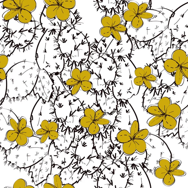 Naadloze patroon cactus met bloemen schets, gouden mosterd geel, zwarte contour op witte achtergrond. eenvoudige sieraad, kan worden gebruikt voor gift wrap, stoffen, wallpapers. Vector — Stockvector