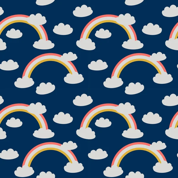 Kawaii Wolken, Regenbogen. nahtlose Muster begrenzte Farbpalette Korallengrau-Gelb auf marineblauem Hintergrund. kann für Geschenkpapier, Stoffe, Tapeten verwendet werden. Vektor — Stockvektor