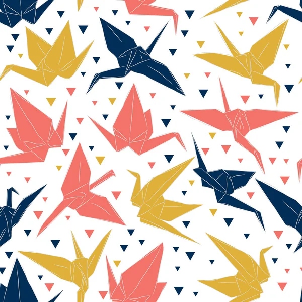 Японские бумажные журавли Оригами рисуют бесшовный узор, символ счастья, удачи и долголетия, синий коралловый горчичный желтый на белом фоне. Можно использовать для обертки подарков, обоев. Вектор — стоковый вектор