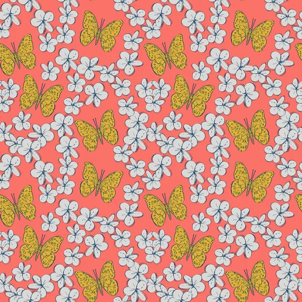 Seamless pattern plumeria flowers butterflies sketch, gray yellow mustard contour on pink coral background. simple ornament, Can be used for Gift wrap, fabrics, wallpapers. Vector — Stock Vector