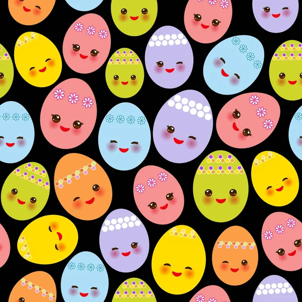 Happy Easter seamless patern, greeting card banner template. Kawaii colorful blue green orange pink yellow cute funny egg with pink cheeks and winking eyes, pastel colors on black background. Vector — Stock Vector