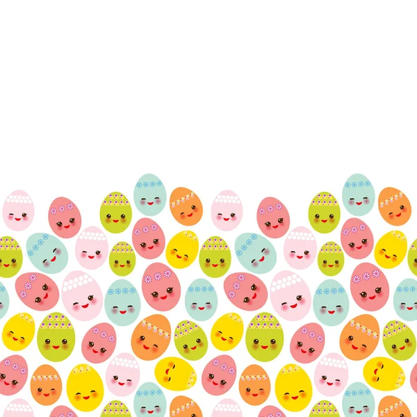 Happy Easter wenskaart banner sjabloonontwerp. Kawaii kleurrijke blauw groen oranje roze geel schattig grappig ei met roze wangen en winking ogen, pastel kleuren op witte achtergrond. Vector — Stockvector