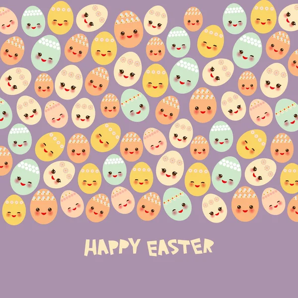 Happy Easter wenskaart banner sjabloonontwerp. Kawaii kleurrijke blauw groen oranje roze geel schattig grappig ei met roze wangen en winking ogen, pastel kleuren op Lila paarse achtergrond. Vector — Stockvector
