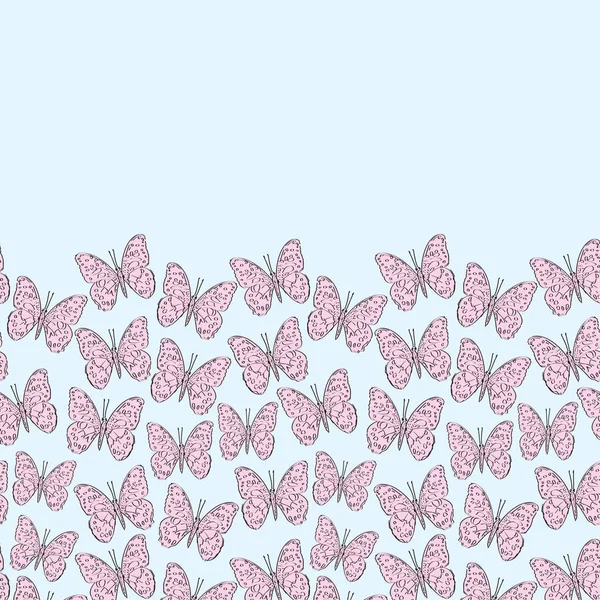 ピンクの蝶のスケッチ、青い空の背景に輪郭。シンプルなアート、カードバナーテンプレート、コピースペースに使用することができます。ベクトル — ストックベクタ