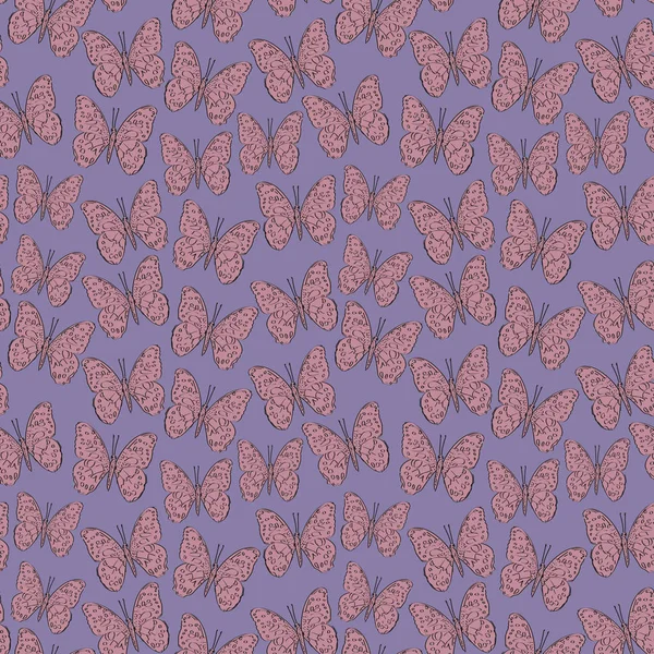 Motif sans couture avec croquis papillon, fond violet rose lilas. art simple. Peut être utilisé pour Emballage cadeau, tissus, fonds d'écran. Vecteur — Image vectorielle