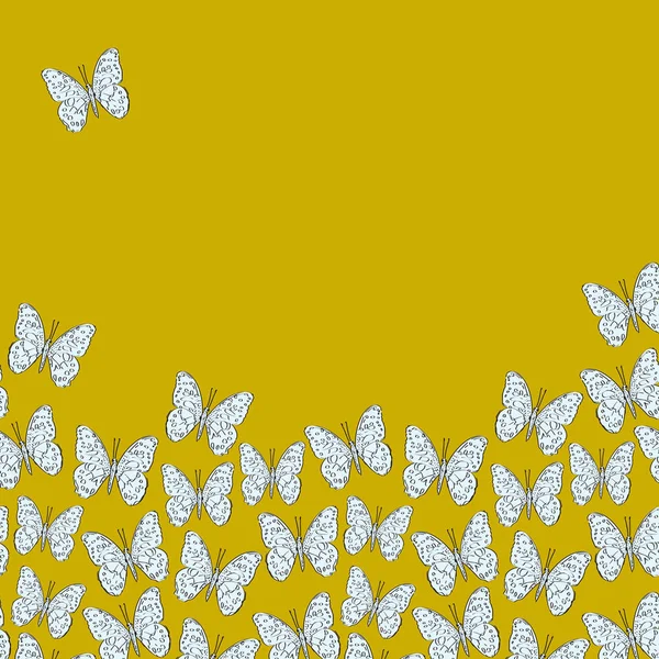 Esboço borboleta rosa, contorno azul amarelo fundo de mostarda. arte simples, pode ser usado para modelo de banner de cartão, espaço de cópia. Vetor —  Vetores de Stock