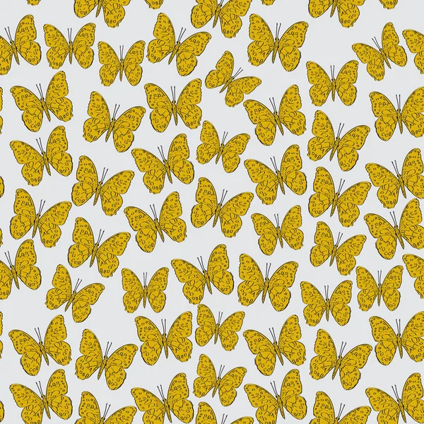 Бесшовный рисунок с наброском бабочки, желтый контур горчицы на сером фоне. простое искусство. Можно использовать для обертки подарков, обоев. Вектор — стоковый вектор