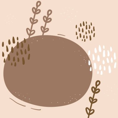 Kart pankartı tasarımı Flowers, doodle scandinavian tarzı kahverengi bej bej arkaplanı bırakıyor. Mevsimin en basit süs trendi. Metnin için soyut grunge çerçeve, kopyalama alanı. Vektör illüstrasyonu