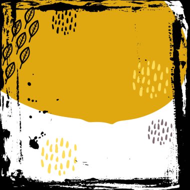 Kart pankartı tasarımı karalama İskandinav tarzı beyaz, siyah, hardal rengi bej arkaplan bırakıyor. Mevsimin en basit süs trendi. Metin kopyalama alanınız için soyut grunge çerçeve. Vektör illüstrasyonu