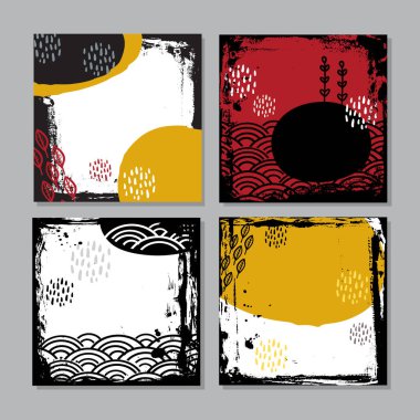 Kart pankartı dizaynı Japon doodle scandinavian tarzı beyaz siyah kestane rengi hardal arka plan. Mevsimin en basit süs trendi. Metin kopyalama alanınız için soyut kare şablon çerçevesi. Vektör illüstrasyonu