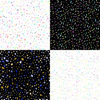 Terrazzo Diamless desenli soyut doku, geometrik döşeme malzemesi, mermer granit parçaları. Beyaz siyah arkaplandaki pastel renkler hediye paketi, kumaş ve duvar kağıtları için kullanılabilir. Vektör illüstrasyonu
