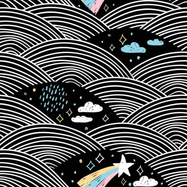 Kusursuz desenli gökkuşağı soyut pulları, gökyüzü bulutları yıldızlar, basit doğa çizgileri İskandinav tarzı arka plan. Mevsimin çocuk dekoru modası. Beyaz, pembe, mavi, siyah. Vektör illüstrasyonu