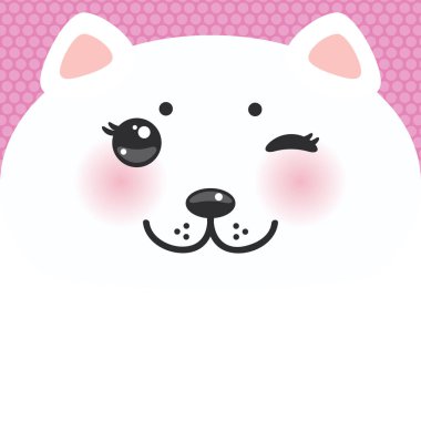 Şirin çizgi film Kawaii komik beyaz kedi ağızlığı pembe yanakları ve leylak arkaplanda göz kırpması. Kart tasarımı, sezonun kreş dekoru, İskandinav tarzı. Vektör illüstrasyonu