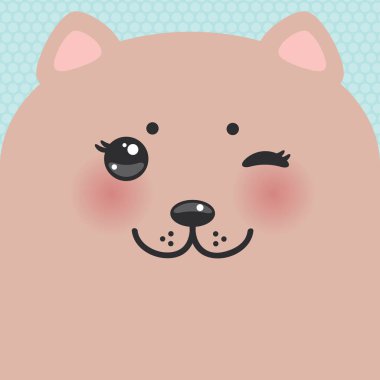 Şirin çizgi film Kawaii komik kahverengi kedi ağızlığı pembe yanakları ve mavi benekli arka planda göz kırpması. Kart tasarımı, sezonun kreş dekoru, İskandinav tarzı. Vektör illüstrasyonu