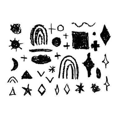 Sembol koleksiyonu soyut gökkuşağı yıldızları gökkuşağı güneş dikdörtgeni, basit doğa karalama çizgileri İskandinav arka plan boyaları grunge desen kreş dekoru mevsiminin modası, beyaz üzerine siyah izole edilmiş. Vektör illüstrasyonu