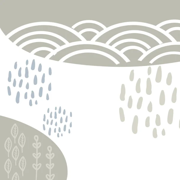 Карточка Баннер Дизайн Цветы Листья Дождь Небо Японские Каракули Скандинавский — стоковый вектор