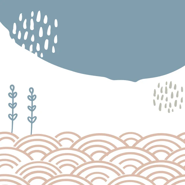卡片横幅设计多朵鸣禽风格的蓝褐色白色背景 这个季节的装饰品趋势很简单 文摘模板框架为您的文字 复制空间 日本海浪 矢量说明 — 图库矢量图片